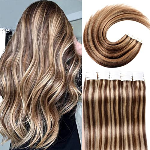 VINBAO Invisible Tape in Haarverlängerungen Tape Extensions Echthaar Blond Highlighted Dunkelbraun bis Karamellblond 50 cm 20 Stück/50g Tape in 20 Zoll #4P27