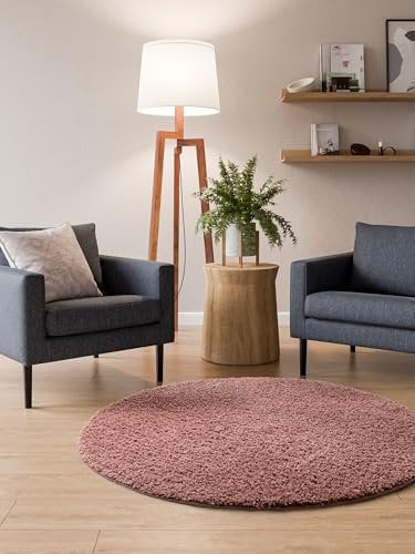 Interiyou Tapis Poils Longs Sofia - 80x80 Rond Rose - Moelleux et uni - Lavable et antidérapant - Fibres Douces pour Salon, Salle à Manger, Cuisine, Couloir