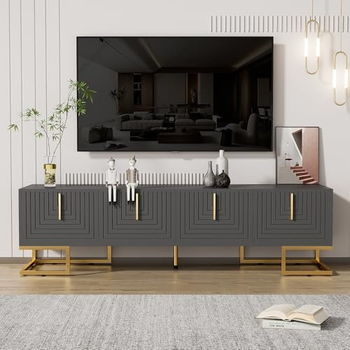 Zepneiy Meuble TV avec tiroirs, poignées dorées et Pieds dorés, Meuble TV avec Portes structurées, Noir