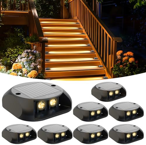 Quntis 8 Pezzi Segnapasso LED Esterno Solare Luce Calda Bianca 3000K, Luci Solari da Scale Impermeabilità IP65, Lampada Solare per Terra Sentieri Marciapiede Giardino Faretti Segna Passi Solari