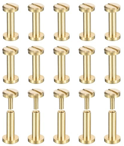 sourcing map 25Pack Brass Chicago Screws, 10x6mm Flat Head Screw Back Binding Post Nail Stud Rivets for DIY Leather Craft Belt Strap, Brass Tone