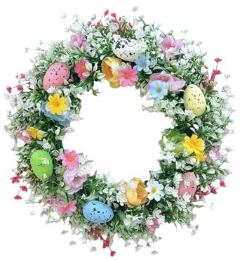 Osterkranz, 35 cm Dekorativer Tischkranz mit Blumen und bunten Eiern, Türkranz mit Osterdekoration