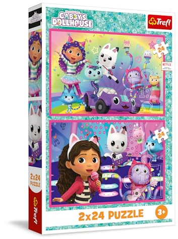 Trefl - Puzzle 2 x 24 Pieces, 2-in-1: Games with Gabby, Gabby's Dollhouse, 3+