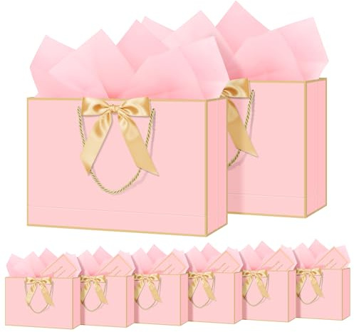 NADSSJL 6 Pcs Medium Gift Bags for Present - Birthday Gift Bag with Wrappers and Cards, Party Bags with Handles for Weddings, Birthdays, Parties, Valentine's Day and Christmas (6Pcs Pink)