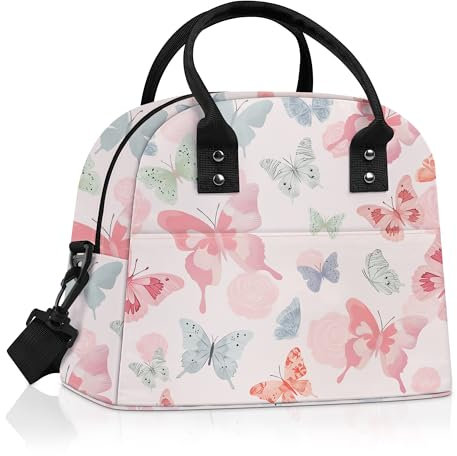 Clastyle Bolsa Termica Porta Alimentos Mujer Flor Bolsa Almuerzo Adulto Reutilizables con Correa, Bolsa Comida Trabajo Hoguera para Viaje Picnic,Mariposa Rosa