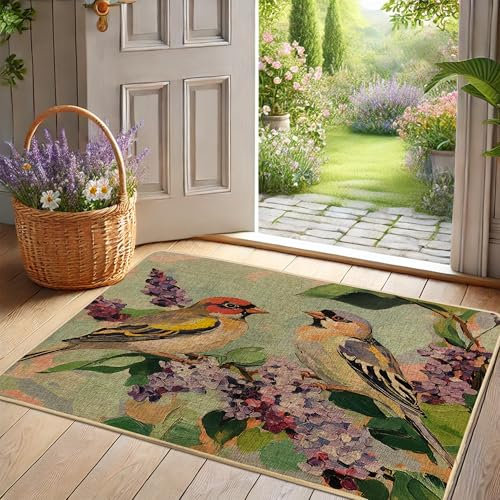 Fußmatte mit Frühlingsblumen, gelbe Vögel auf violettem Flieder, für drinnen und draußen, wasserdicht, rutschfest, leicht zu reinigen, perfekt für Heimdekoration, 73 x 43 cm