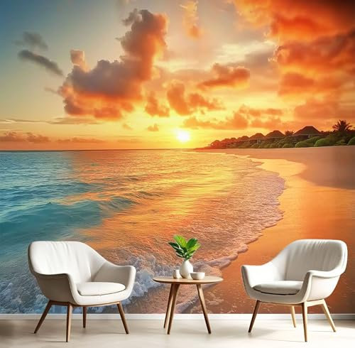Fototapete Schön Landschaft 3D 250x175cm (B×H) Tapete, Strand Sonnenuntergang Wohnzimmer Küche Schlafzimmer Seidenstoff Tapete, Wand Dekoration Wandtapete, UV-Beständig Montagefertig