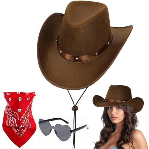 Aomig Chapeau de Cowboy Western - Déguisement pour Adultes avec Lunettes de Soleil et Bandana - Accessoires de Costume pour Halloween et Carnaval(Marron-Rivet Rond)