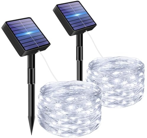 bitjam 2 Stück Solar Lichterkette Aussen, 5M 50 LED Lichterketten Solar Draußen 8 Modi IP65 Wasserdicht Solarlichterkette Außen Wetterfest für Garten Zaun Baum Hof Balkon Deko (kaltweiß)