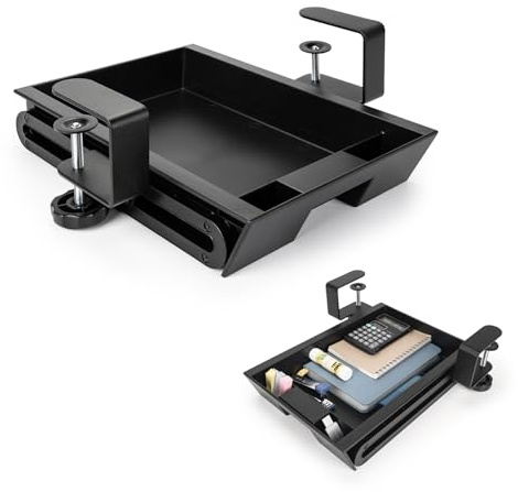 EHO Under Desk Slide-Out Storage Drawer, Small 11.7x8.2 Pull-Out Organizer with Smooth Sliding Rail, Adjustable C-Clamp Mount, Black Tray for Home Office & Standing Desk