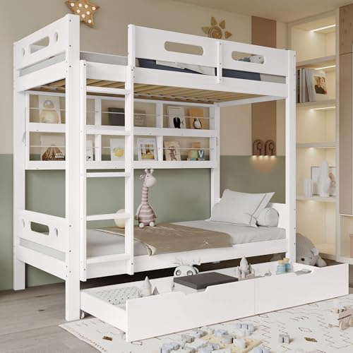 LANTRO JS Etagenbett 2 Kinder, Kinder Etagenbett Zwei Schubladen auf Rollen und Offenes Regal, Kinderbett 90x200cm
