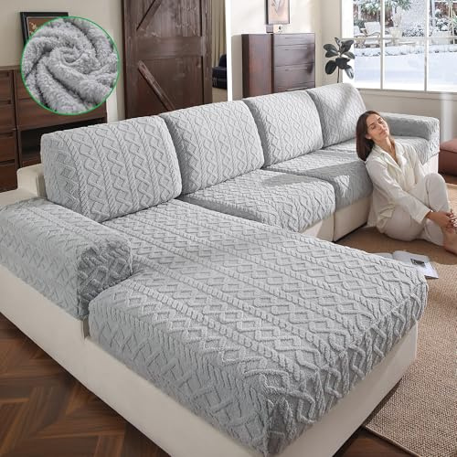 OHSIO Sofa Überzug – Hoch Elastischer, Rutschfester Sitzkissenbezug | Waschbarer, Haustierfreundlicher Sofabezug für Couch, Strapazierfähig(Hellgrau, 1x Chaiselongue-Bezug)