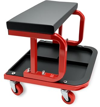 Tabouret d'atelier Relaxdays avec Rangement, jusqu'à 100 kg, Assise rembourrée, 4 roulettes, Noir-Rouge