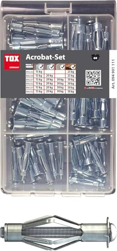TOX Sortiment Set M, Dübelsortiment mit Metall-Hohlraumdübel vormontierte Schraube für Befestigungen in Gipskartonplatten und geringe Hohlraumtiefen, 60-TLG, 094901111, grau, Miniset Acrobat