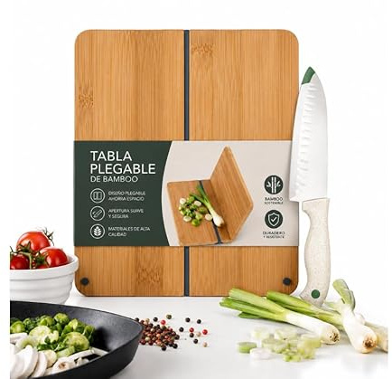 Tabla de Cortar, madera, bambu Plegable 32x28 cm – Tabla Cocina con Cuchillo Incluido 16,5 cm, Antideslizante, Compacta, Ecológica y Resistente, Ideal para Frutas, Verduras o Carne