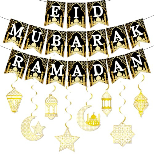 Ramadan Deko, Eid Mubarak Dekoration, Ramadan Mubarak Banner mit 8 Stern Mond Girlanden Gold, Eid Mubarak Dekoration für Muslim Islamic Party, Islamische Festival, Bayram Geschenke, Umrah Mubarak Deko