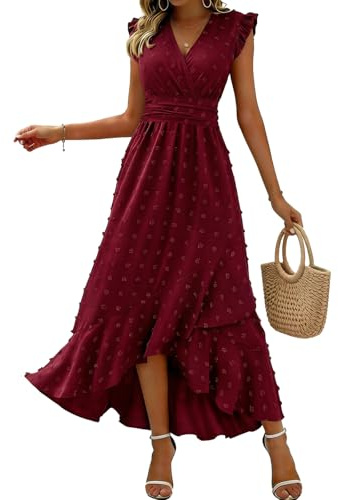 KUNJLELP Vestito Donna Elegante Scollo a V Senza Maniche con Volant Abito Casual Maxi Vita Alta A Line Vestito da Cocktail Banchetto Sera,Rosso 54,S