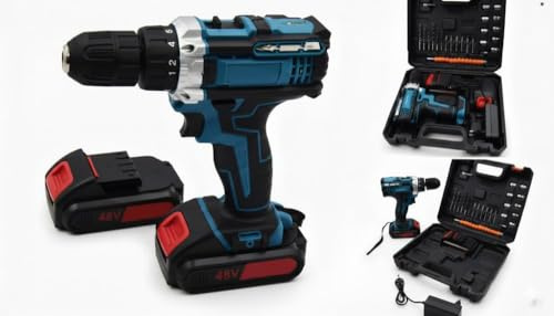Taladro Percutor Inalámbrico 48V con 2 Baterías y Maletín, Taladro Atornillador con Accesorios, Herramienta Portátil para Bricolaje y Montaje