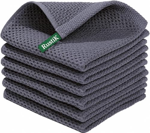RustiK 100% Cotton Kitchen Cleaning Cloths, Highly Absorbent Soft Dish Cloths, Quick Drying Reusable Kitchen Cloths for Washing Up & Cleaning, Waffle Weave Dish Rags, Grey, Pack of 6, 30 x 30 cm