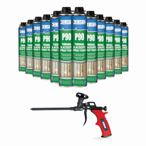 Demsun 12 Pcs 850 ml P90 Acoustic & Thermal Expanding Foam Kit with Gun 75 cm, Gap Filler, Soundproofing Spray, Professional PU Sealant Bundle for Walls & Cavities