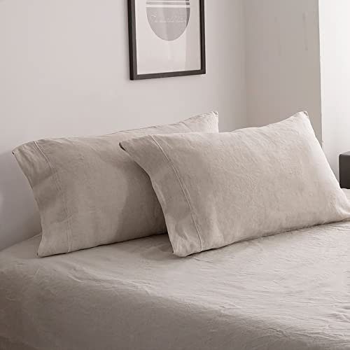 Simple&Opulence 100% Pietra Lavata Federe Bianche in Lino, 2 Confezione da con Filo Ricamato, Dimensioni Standard 50X75 cm (50cm x 75cm, Biancheria)