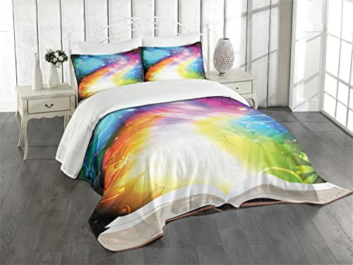 ABAKUHAUS Magisch Tagesdecke Set, Märchenbuch Regenbogen, Set mit Kissenbezug Ohne verblassen, für Einzelbetten 170 x 220 cm, Türkis Weiß Blau