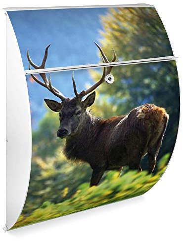 banjado Design Briefkasten - Modell Riviera 46x33,5x13cm groß - verzinkter Stahl weiß - Postkasten Öffnungsstopp großer A4 Einwurf Zylinderschloss 2 Schlüssel - Motiv Hirsch