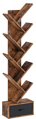 Rolanstar Baum-Bücherregal mit Schublade, 9 Regalböden, Bücherregal aus Holz, Aufbewahrungsregal für CDs/Filme/Bücher, Eckbücherregale, Utility Organizer Regale für Wohnzimmer, Schlafzimmer