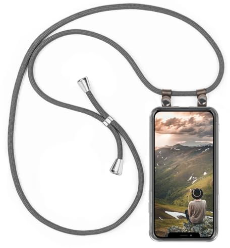 moex Handykette für iPhone 12/12 Pro Hülle mit Band abnehmbar, Handyhülle mit Kette zum Umhängen, Handyband 155 cm lang Stoff Kordel Umhängehülle, Handy Umhängeband, Grau