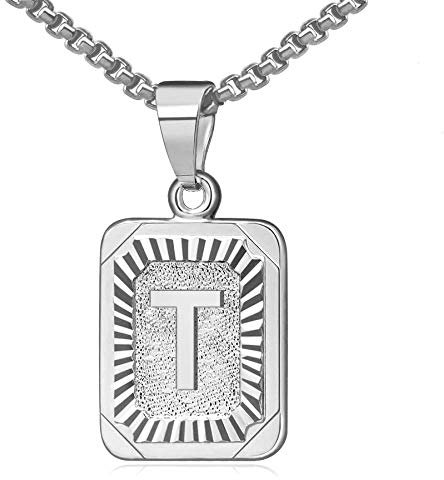 OIDEA Halskette mit Buchstabe T Silber: Unisex Charme Kette für Herren/Damen A-Z Buchstabe Anhänger Rechteck Dog Tag Kette aus Edelstahl Weizenkette Schmuck Geschenk für Männer Frauen