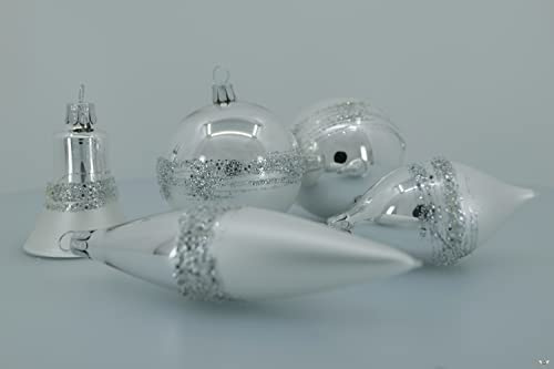 Set 5 decorazioni ornamentali in vetro soffiato e decorato a mano per albero di Natale, argento