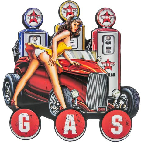 Mehr Relief-Schilder hier... HotRod, Gas Station, PinUp Girl - Embossed and Die-Cut Retro Tin Sign - US Vintage Diner Decoration - 38 x 37 cm, Colourful