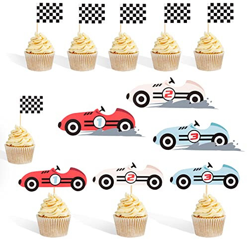 12PCS Vintage Racing Checkered Flag Cupcake Toppers Racing Themed Birthday Party or Baby Shower Cupcake Toppers, Buggy Party Decorations, Party Birthday Decorations Cocktails Fruit Sticks Toothpick