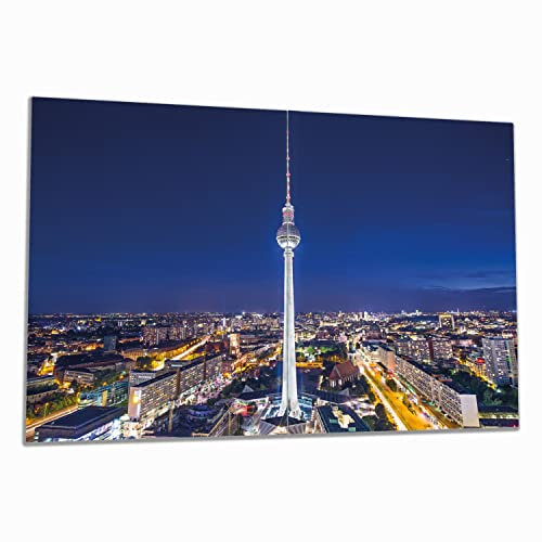 Wallario Herdabdeckplatte/Spritzschutz aus Glas, 2-teilig, 80x52cm mit 13 mm hohen Füßen, für Ceran- und Induktionsherde, Fernsehturm Berlin bei Nacht