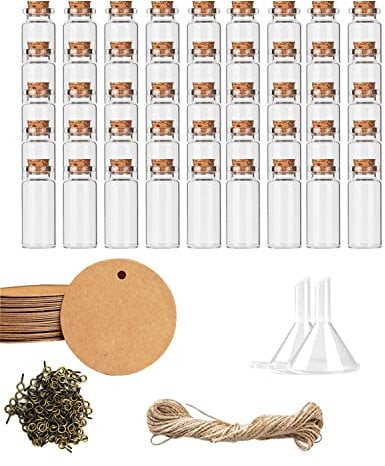 45 Stück Reagenzglas mit Korken,10ML Mini Glasflaschen Kit,Mit Etikett,Hanfseil,Trichter und Schrauben,Verwendet für die Herstellung von kleinen Geschenken,Hochzeitsfeierdekorationen,Gewürzgläser