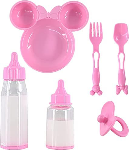 JMS we create smile - 6 Piece New Born Baby Doll Feeding Accessories Set - With Nappy Care Magic Milk Bottles, Plate Fork & Spoon - Gifts.