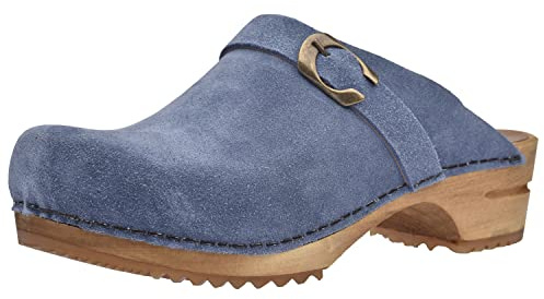 Sanita Hedi offener Clog, Wildleder | Original handgemacht | Leder-Holzclogs für Damen | Nachhaltige Sohle | Taube blau | 39 EU