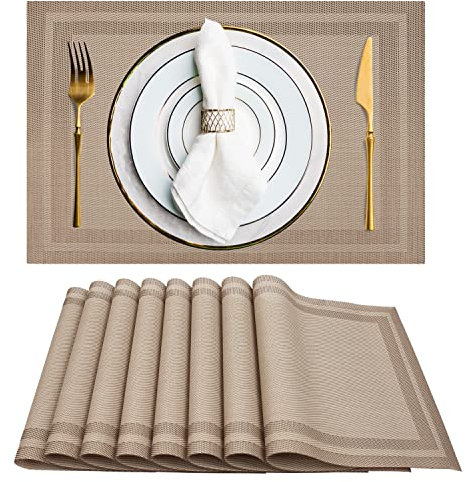EXCOVIP Set of 8 Placemats, Non-Slip Crossweave Woven Vinyl Insulation Place Mat Washable Table Mats For Restaurants Party Decoration 45 x 30 cm(Champagne)