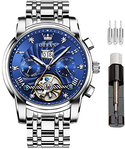 OLEVS Herren-Armbanduhr, automatisch, selbstaufziehend, Skelett-Uhren für Herren, Tourbillon, keine Batterie, luxuriöse Edelstahl-Uhr mit Datum, mechanische Herrenuhren, wasserdicht, modisch für