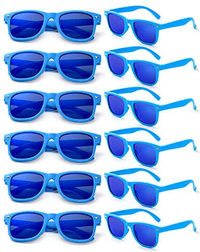 Dwenarry Bunte Sonnenbrille Party Blau Retro Sonnenbrillen Set Vintage Plastik Verspiegelt Blaue Party Brille 80er Neon Partybrillen 12 Pack