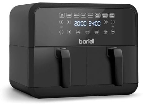 Baridi Dual Zone Air Fryer with 2 x 4 litre baskets and 8 Presets, Cooks for 6-8 People, Black - DH172