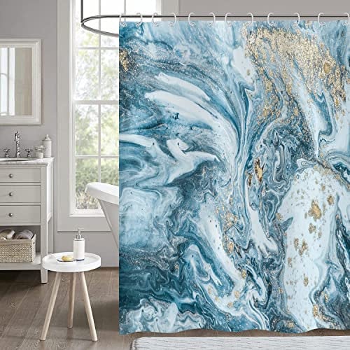 Hnmdmyi Marble Shower Curtain 180x200, Blue Gold Jade Texture Glitter Shower Curtains Abstract Watercolor Modern Luxury Art Bathroom Curtains Waterproof Polyester Fabric Washable Bath Curtains