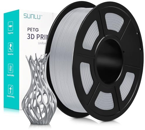 SUNLU PETG Filament 1,75 mm, 3D Druckerfilament PETG, Verbesserte Zähigkeit, Hohe Schlagfestigkeit, 3D Druckfilament 1,75 mm, Geeignet für die Meisten FDM 3D Drucker, 1kg Spule, Silber