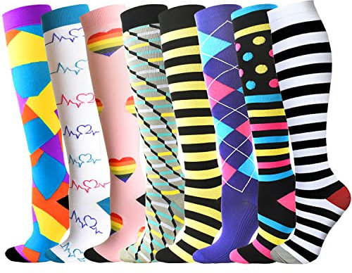 beusilay 8 Paires Chaussettes de Compression pour Hommes et Femmes 15-20 mmHg,Bas de Contention pour Sportifs,Médical,Course,Infirmiers,Enceintes,Cyclisme,Voyage,Randonnée