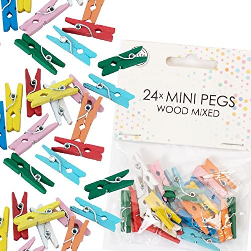 48x Mini Wäscheklammern aus echtem Holz | Größe: 25x10x4mm, mit Metallfeder, für Deko und zum Basteln | Miniklammern Holzklammern Klammer… (Bunt)