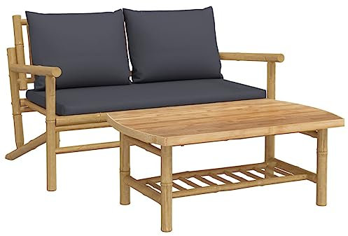 Hommdiy 2-TLG. Garten-Lounge-Set mit Dunkelgrauen Kissen Bambus Lounge Stühle Tisch