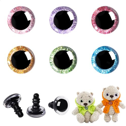 MUCUNNIA 60 Stück 18 mm glitzernde Kunststoff-Sicherheitsaugen für Amigurumi, runde Augen zum Basteln, Häkeln, Puppenaugen mit Unterlegscheiben, Stofftieraugen für DIY-Bastelarbeiten (6 Farben)