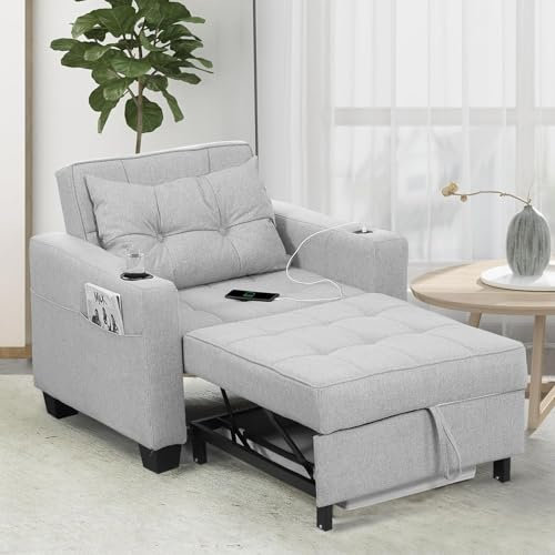 DURASPACE Light Grey Linen Modern Recliner Adjustable Backrest Armchair Sleeper Chair Bed With USB Port, Cup Holder, Side Pockets, Bottom Storage Basket For Home Living Room