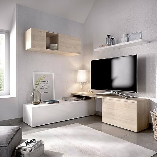 Dmora - Wandeinheit Baker, modulares Eck-Wohnzimmerset, Wohnzimmermöbel Multiposition TV-Ständer, 201 x 41 x 180 cm, Weiß und Eiche