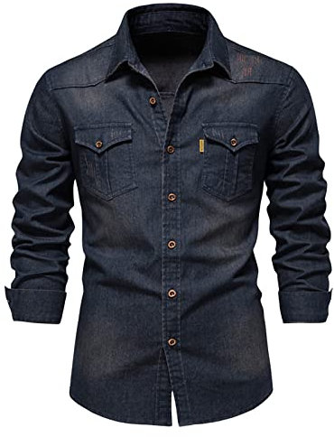 Generisch Washed Classic Long Sleeve Denim Shirt with Slim Pocket for Men Breathable & Breathable Modern Slim Fit Leisure with Reclining Collar Shirt Comfort Fit Shirt Half Sleeve Chambray, navy, M